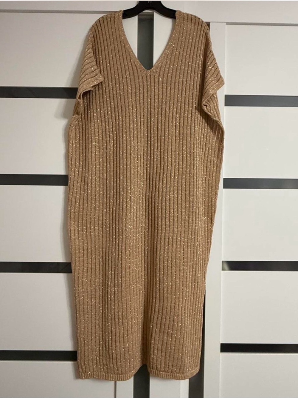 Zara Ribbed V-Neck Midi Dress in Camel Gold Lurex